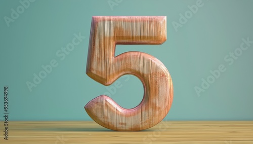 Shape number 5 made from pieces wooden textured in pastel background