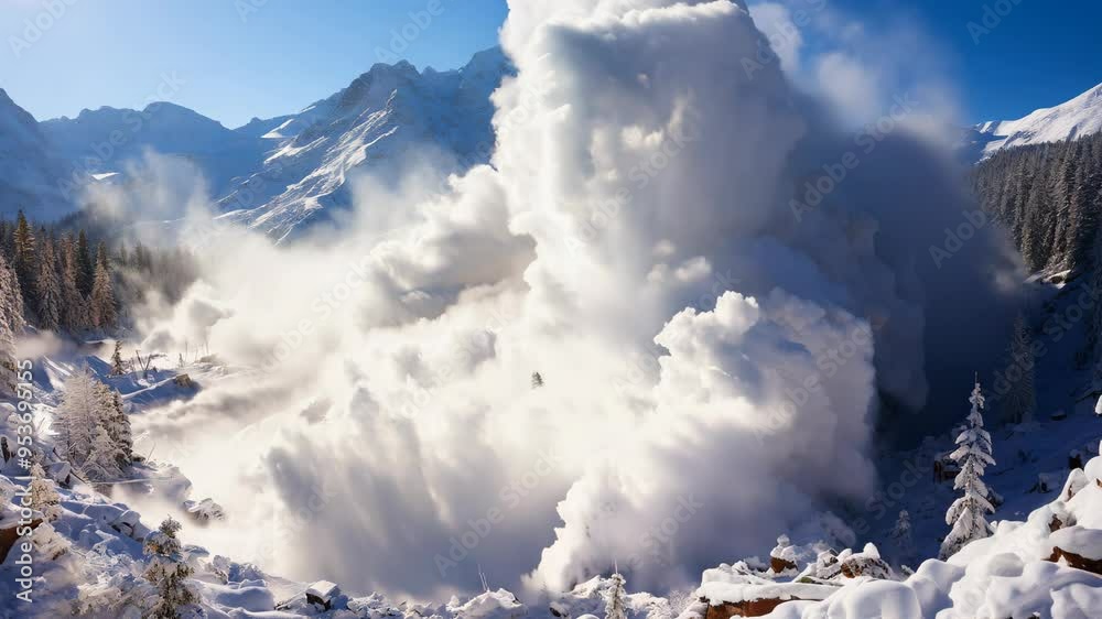 Snow avalanche cascading down a mountain in a winter landscape