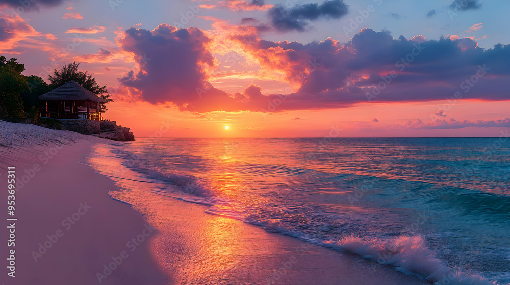 Obraz premium A stunning sunset over a tropical beach with a thatched roof hut.