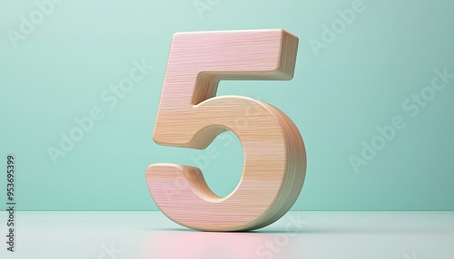Shape number 5 made from pieces wooden textured in pastel background