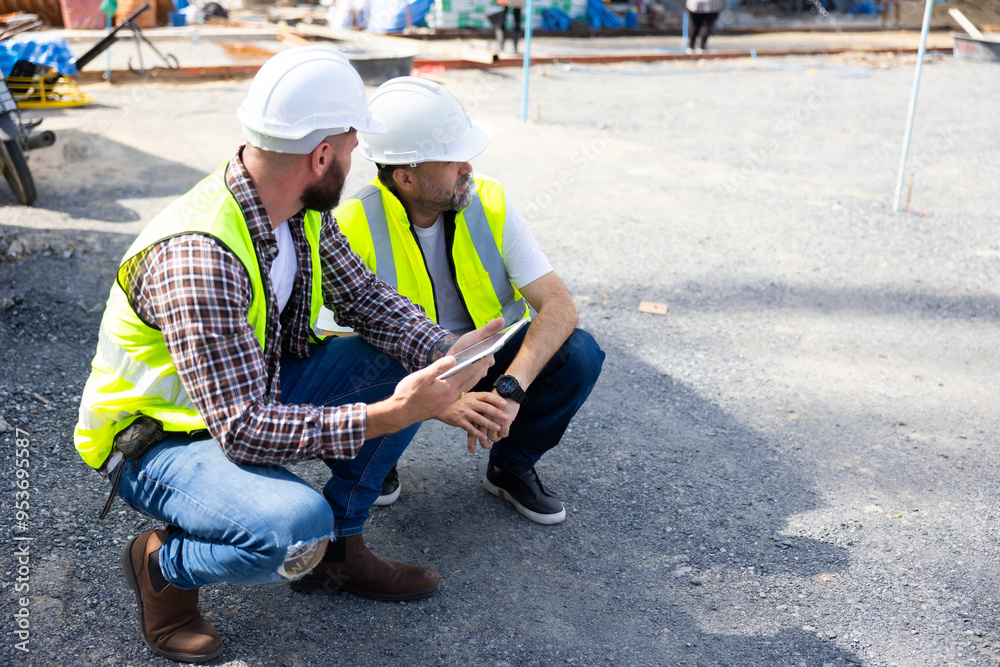 Architect and contractor working on building in construction site. Two Professional Architects Engineer Working on Personal laptop computer at house construction site
