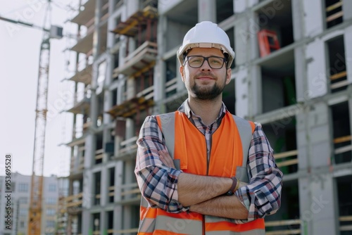 Male civil engineer in safety gear at construction site.