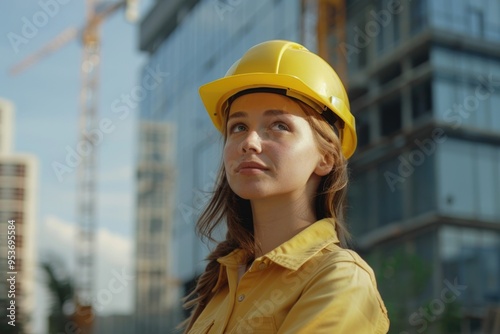 Professional woman architect in yellow helmet outdoors. Engineering concept.