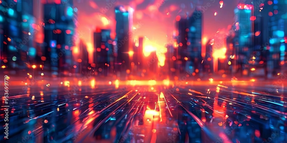 A cityscape with a bright orange sun in the background A cityscape with a bright orange sun in the background