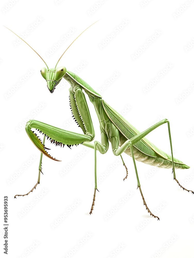 Vibrant Green Mantis in Dramatic Action Stance on Clean White Backdrop Vibrant Green Mantis in Dramatic Action Stance on Clean White Backdrop