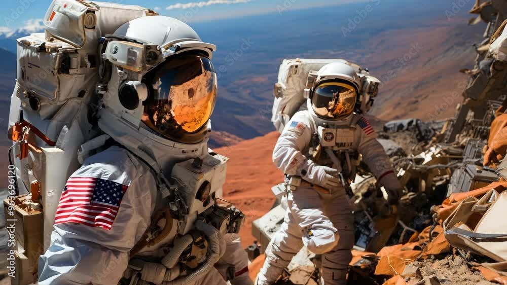 Astronauts navigate a rough terrain on a sunlit distant planet Astronauts navigate a rough terrain on a sunlit distant planet