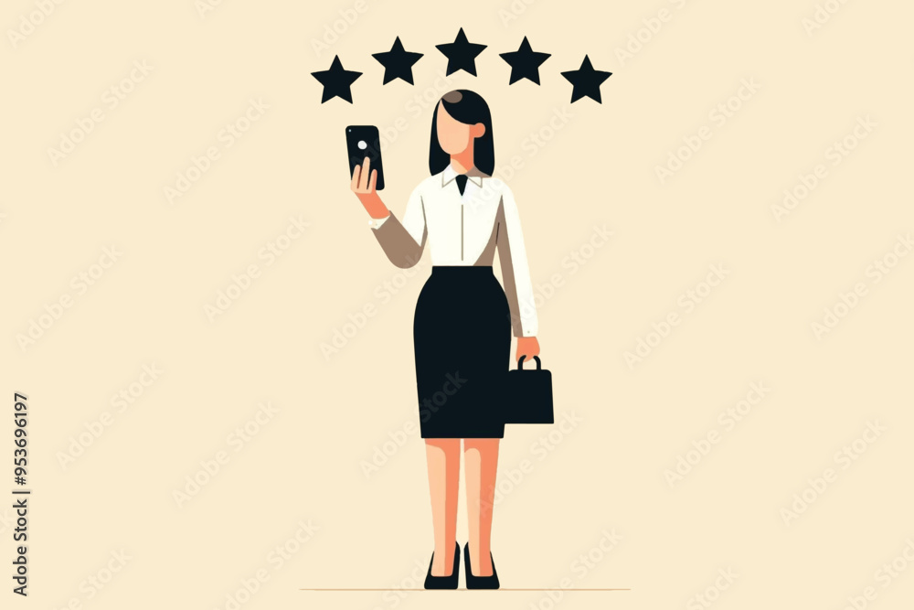 Illustration of a career woman standing holding a mobile phone to give a 5 star rating Illustration of a career woman standing holding a mobile phone to give a 5 star rating