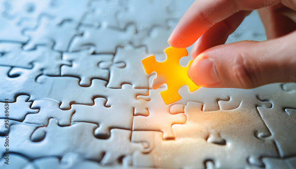 Completing the Picture: Glowing Puzzle Piece Placed by a Hand Symbolizing Hope and Wholeness on World Suicide Prevention Day. Completing the Picture: Glowing Puzzle Piece Placed by a Hand Symbolizing Hope and Wholeness on World Suicide Prevention Day.
