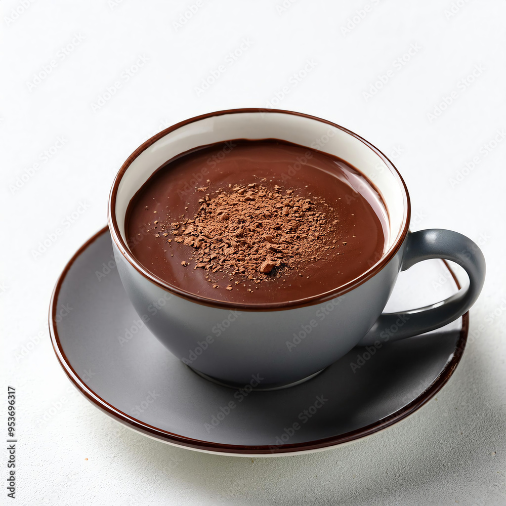 Fototapeta premium A close-up view of a cup of hot chocolate topped with cocoa powder, served in a gray cup with a matching saucer on a white background.