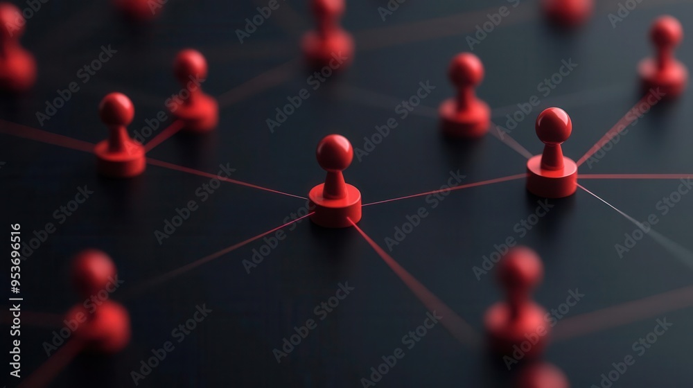 Abstract network of red pins connected by lines on a dark surface, symbolizing communication and connectivity. High-quality stock photo.