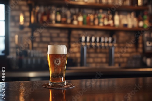 Craft Beer in a Glass at a Cozy Pub Bar Counter with Background Blur