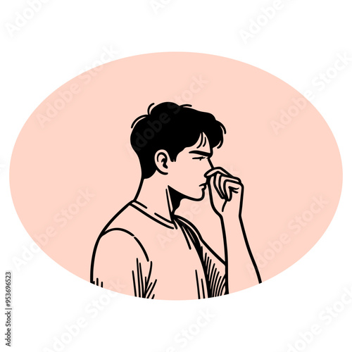 A man is holding his nose and looking away