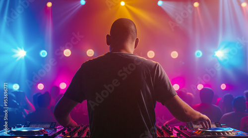 A DJ stands behind two turntables, mixing tracks for an excited crowd under a canopy of colorful lights during a lively festival in the evening - Generative AI