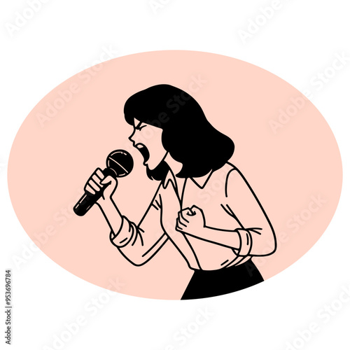 A woman holding a microphone and yelling into it