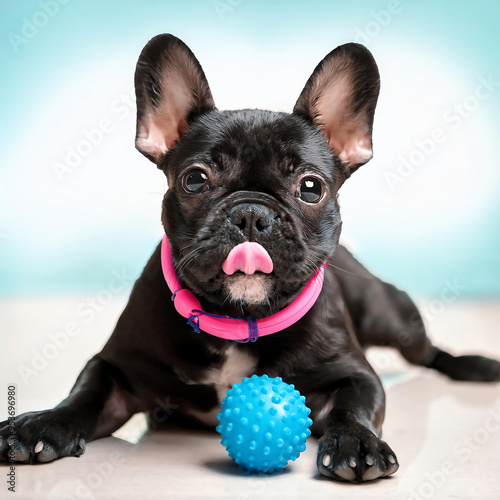 Adorable black French Bulldog puppy with pink collar sticking tongue out, playing with blue spiky ball on white floor. photo