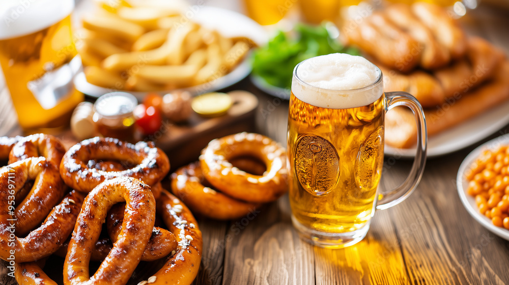 A vibrant display of traditional Oktoberfest products, including beer steins, pretzels, sausages and more, set on rustic wooden tables, capturing the festive spirit of Oktoberfest in Germany. A vibrant display of traditional Oktoberfest products, including beer steins, pretzels, sausages and more, set on rustic wooden tables, capturing the festive spirit of Oktoberfest in Germany.
