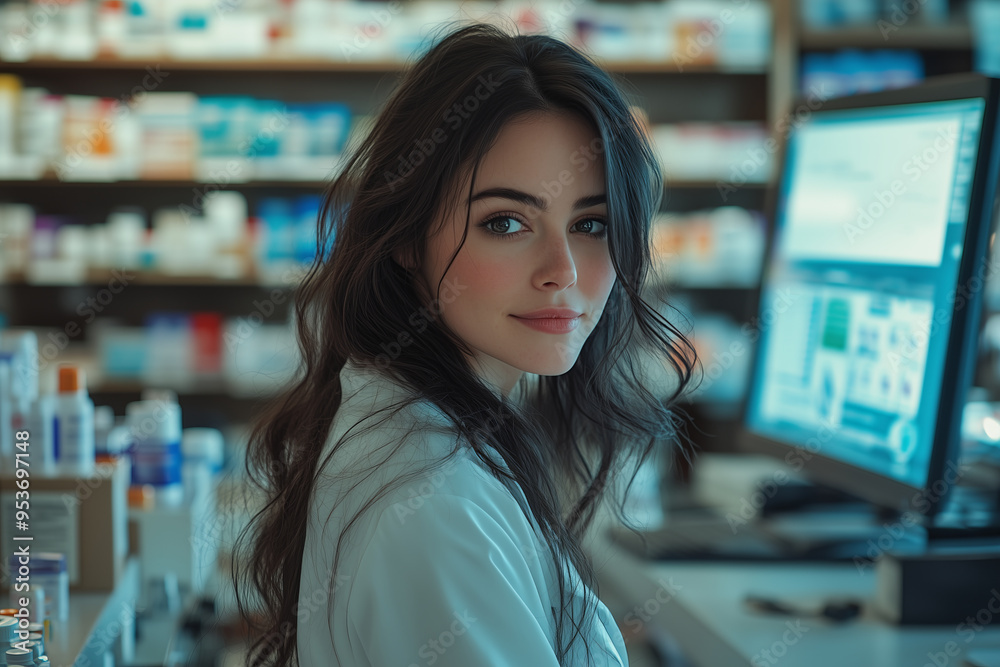 Female pharmacist working in a pharmacy She is saving data on the computer. Female pharmacist working in a pharmacy She is saving data on the computer.