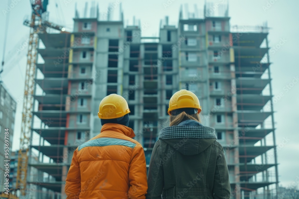 Two architects wearing protective helmet standing in front of building site Two architects wearing protective helmet standing in front of building site
