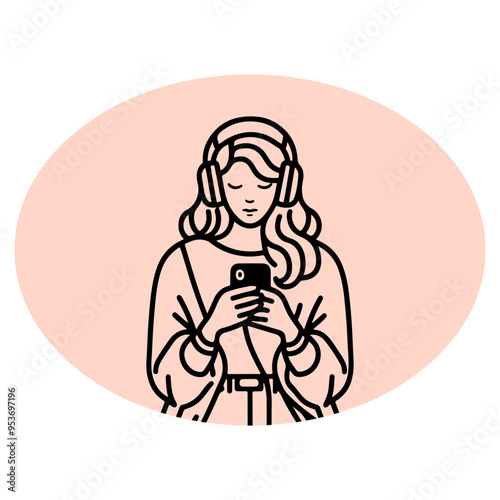A woman is holding a cell phone and wearing headphones