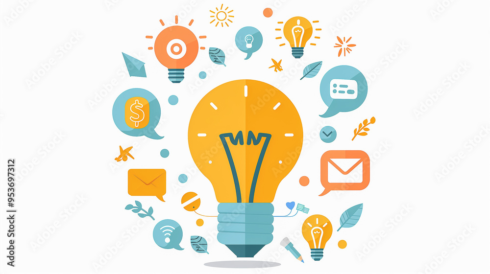 Creative Lightbulb Illustration with Idea and Communication Icons Creative Lightbulb Illustration with Idea and Communication Icons
