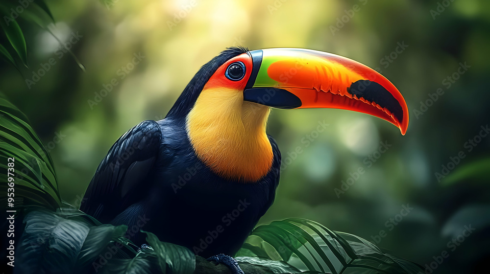 Fototapeta premium A toucan with a large colorful beak perches on a branch in a lush rainforest.