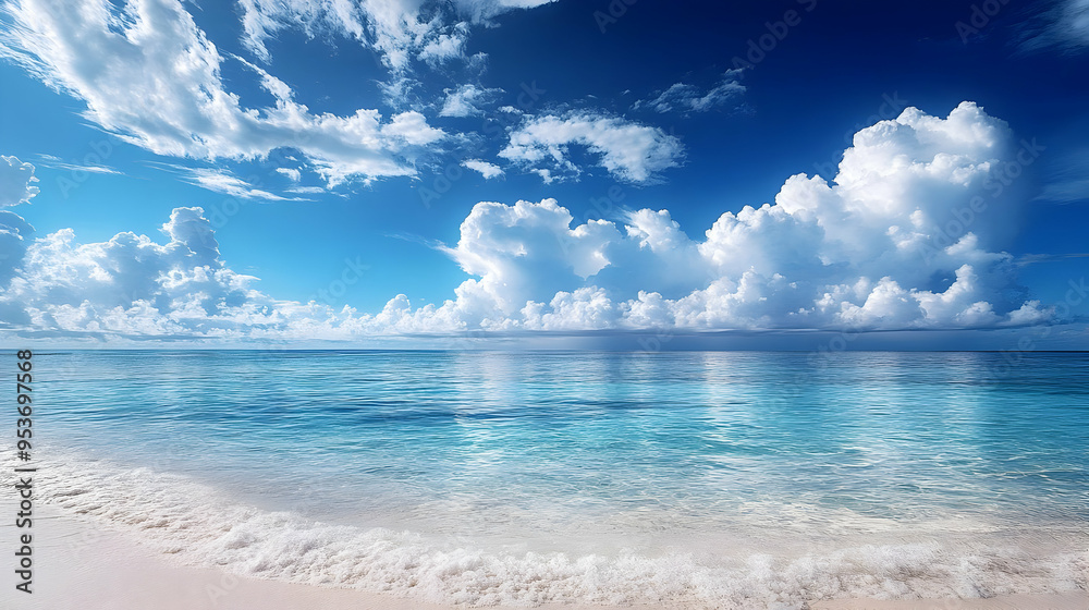 A tranquil seascape with a sandy beach and calm, clear turquoise water under a blue sky with fluffy white clouds. A tranquil seascape with a sandy beach and calm, clear turquoise water under a blue sky with fluffy white clouds.