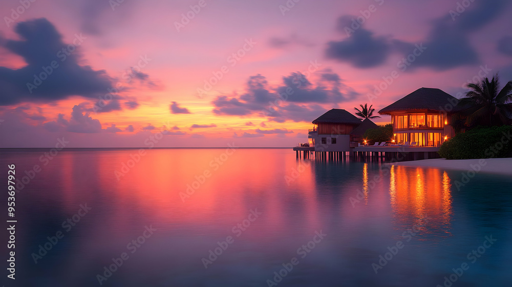 A tropical island house with a thatched roof sits on stilts over the water with the setting sun reflecting off the ocean.