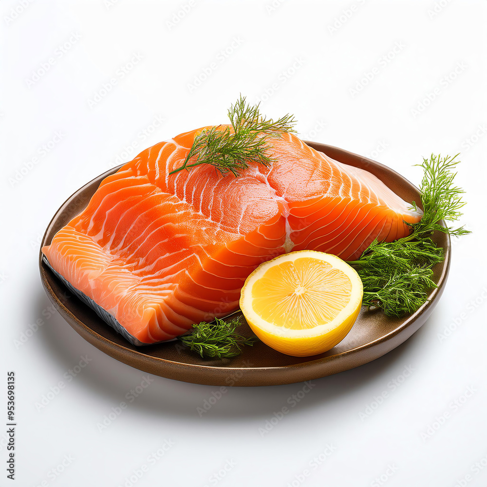 Fresh salmon fillet on a plate with a lemon slice and dill garnish, perfect for culinary presentations and food-related visuals. Fresh salmon fillet on a plate with a lemon slice and dill garnish, perfect for culinary presentations and food-related visuals.