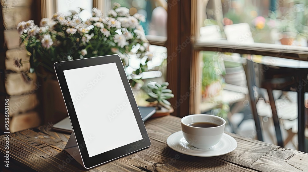 Tablet with white screen on the table Tablet with white screen on the table