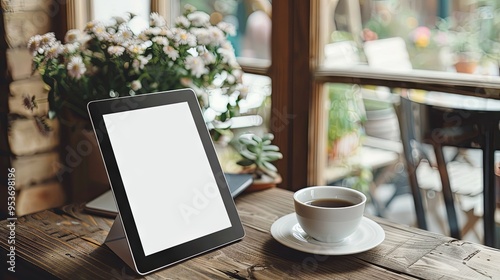 Tablet with white screen on the table
