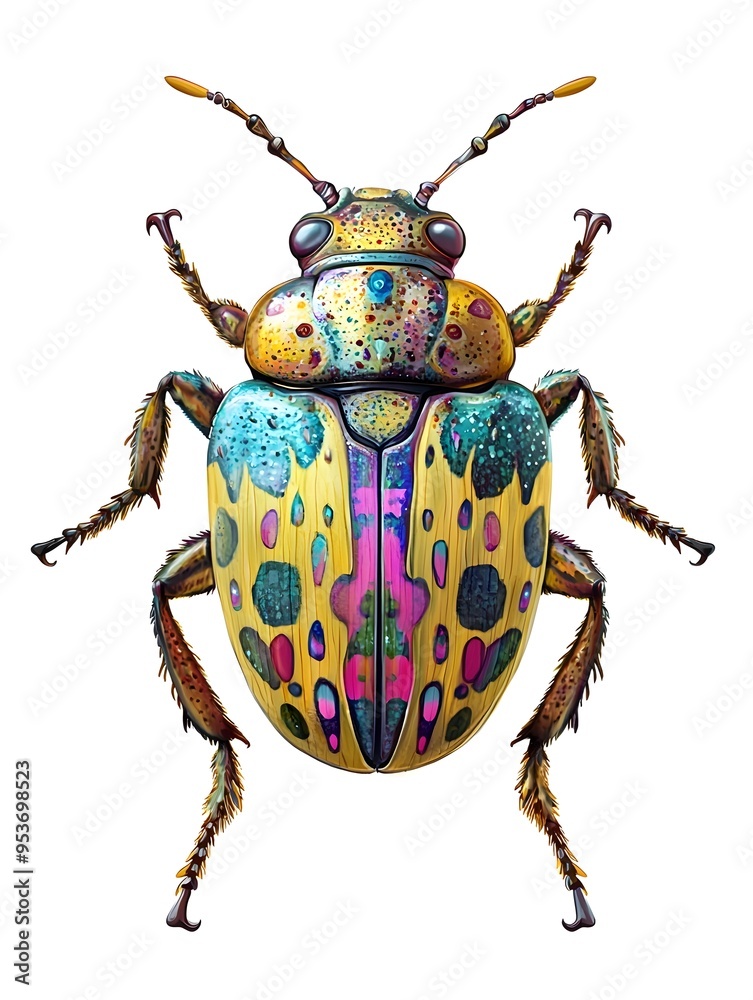 Striking Whimsical Patterned Beetle Crawling on Clean White Background Digital Striking Whimsical Patterned Beetle Crawling on Clean White Background Digital