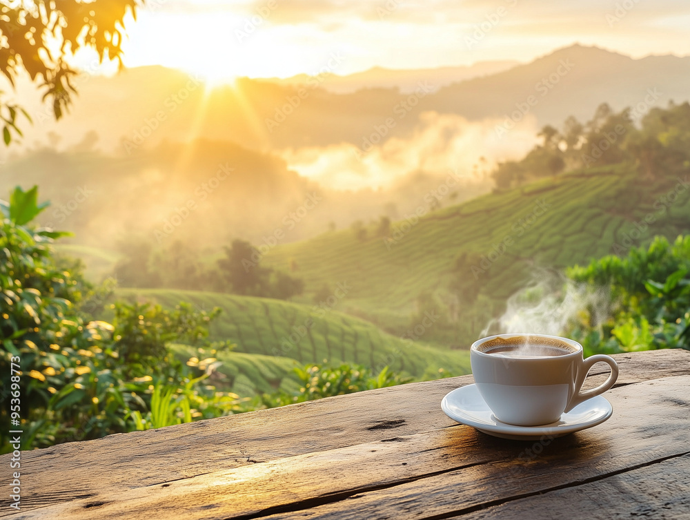 A steaming cup of coffee rests on a rustic wooden table, overlooking a misty, sunlit landscape of rolling green hills at sunrise. A steaming cup of coffee rests on a rustic wooden table, overlooking a misty, sunlit landscape of rolling green hills at sunrise.