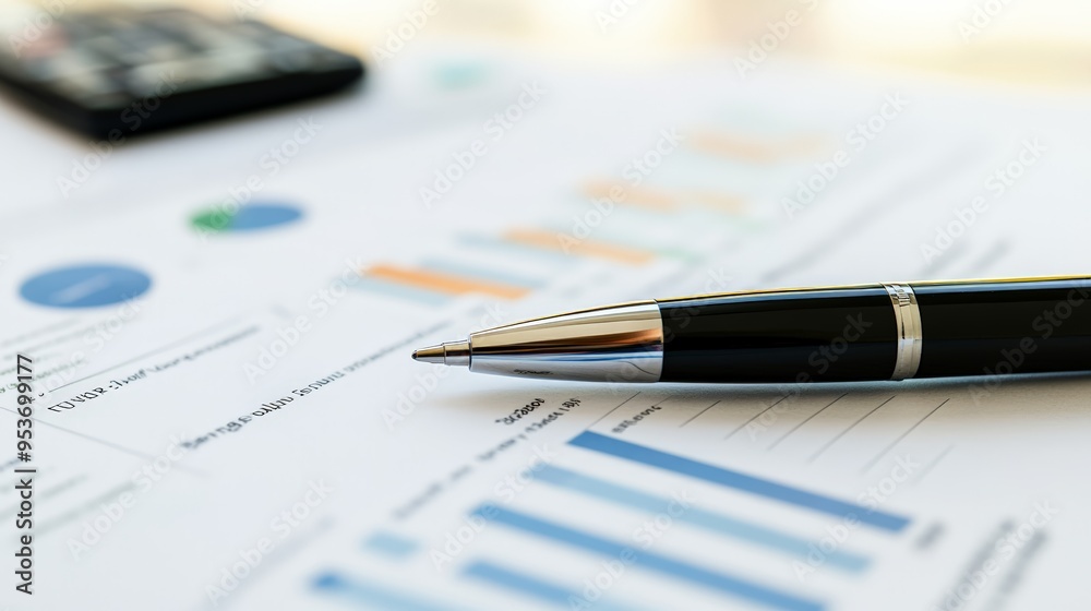 Close-up of a pen on financial documents with charts and graphs in a well-lit office. Financial analysis and business planning concept Close-up of a pen on financial documents with charts and graphs in a well-lit office. Financial analysis and business planning concept