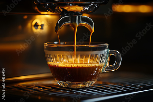 Close-up of a coffee maker pouring hot coffee into a cup. photo