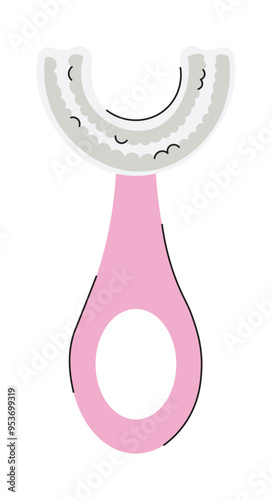 A flat vector illustration of a pink and white dental tool commonly used for oral hygiene and dental care featuring a circular hole in the handle