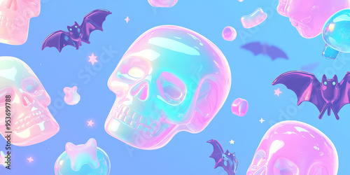 Glossy Halloween skulls, shiny and spooky 3D design
