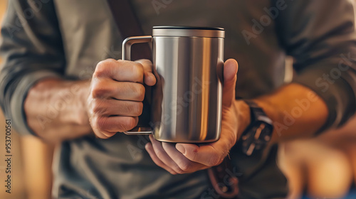 A man is holding a coffee mug in his hand photo