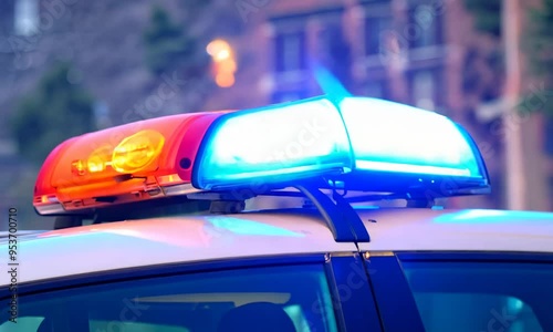 Close-up of the emergency medical services ambulance’s roof blue light flasher while it is traveling, capturing a rescue theme