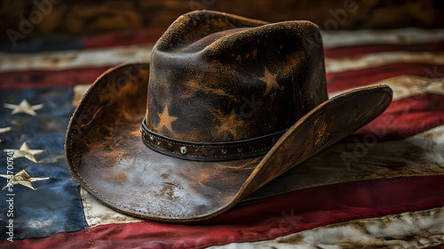 A weathered brown cowboy hat resting on a faded American flag. photo