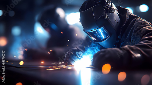 A welder in a dark workshop wearing a welding mask welds metal with sparks flying. photo