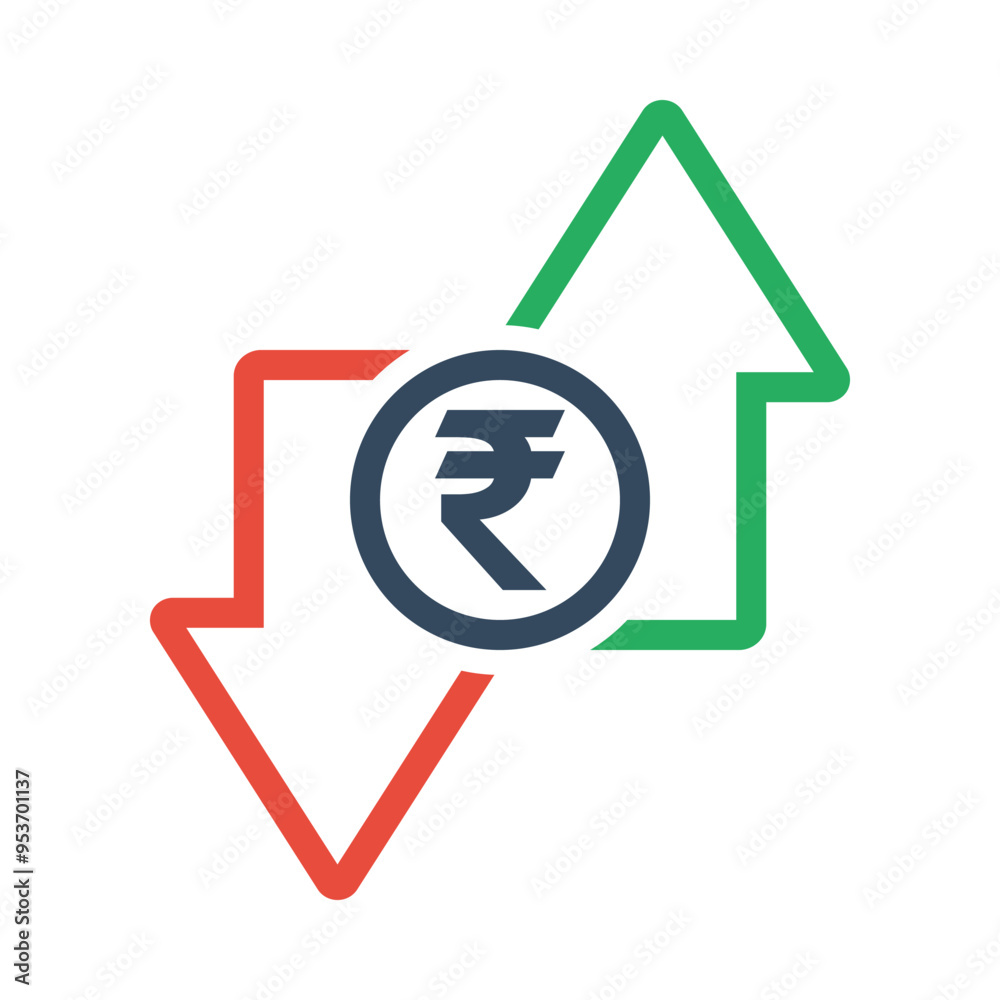 indian rupee coin with green up and red down arrows, tax or inflation indicator, price or income vector outline icon indian rupee coin with green up and red down arrows, tax or inflation indicator, price or income vector outline icon