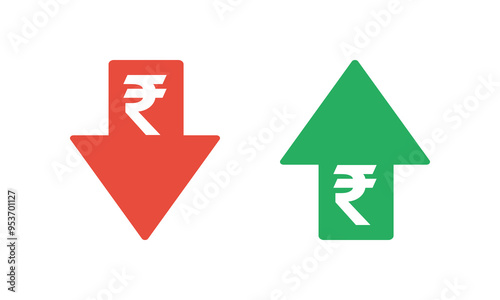 indian rupee sign with green up and red down arrows, tax or inflation indicator, price or income vector icon