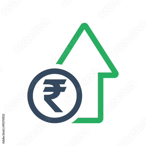 rupee coin and green arrow, positive economic dynamic concept, indian currency increase exchange rate indicator