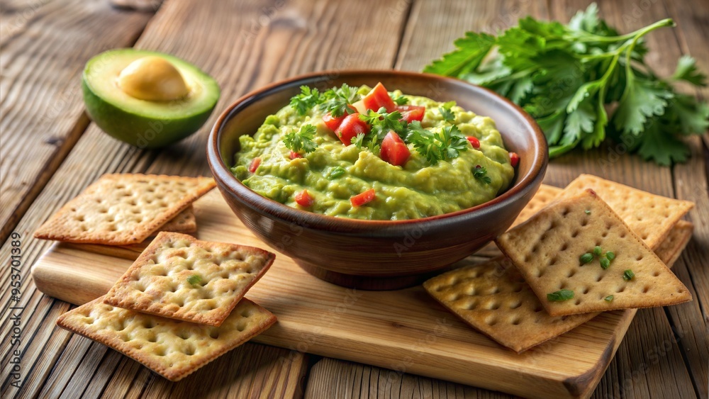 Bowl of fresh guacamole with a side of whole grain crackers, brain-boosting snack, healthy and delicious. Bowl of fresh guacamole with a side of whole grain crackers, brain-boosting snack, healthy and delicious.