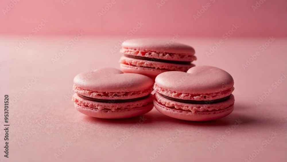 French strawberry-pink heart-shaped macarons on a pink background, perfect for a romantic-themed pastry card. French strawberry-pink heart-shaped macarons on a pink background, perfect for a romantic-themed pastry card.