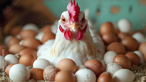 A white hen surrounded by b...