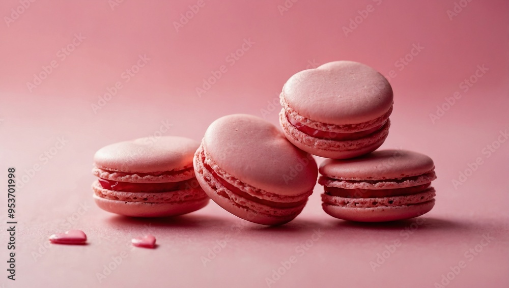French strawberry-pink heart-shaped macarons on a pink background, perfect for a romantic-themed pastry card. French strawberry-pink heart-shaped macarons on a pink background, perfect for a romantic-themed pastry card.