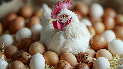 A white hen surrounded by v...