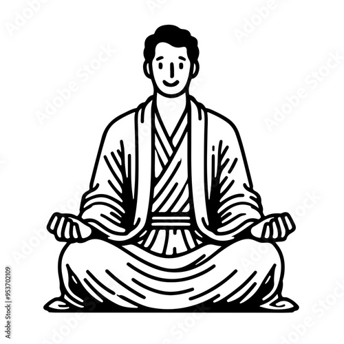 A man in a robe is sitting cross legged with his hands on his knees