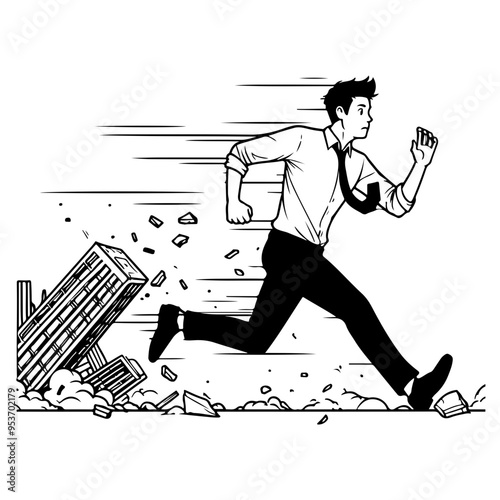 A man in a white shirt and red tie is running away from a falling building
